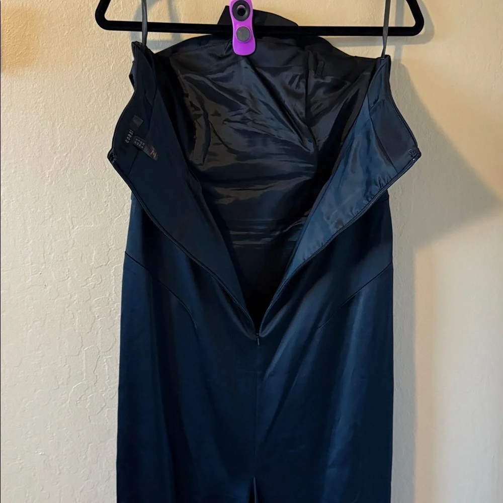 Coast Women’s Black Satin Strapless Evening Long Dress Front Modern Ruffles 8